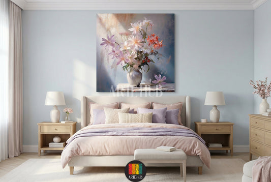 Large Ethereal floral canvas wall art featuring a vase with light pink and white flowers, hanging above a bed with soft pink and lavender bedding in a modern bedroom in Egypt. The art piece adds a tranquil, elegant touch to the home decor.
تابلوه كانفس كبير لزهور إثيرية باللون الوردي والأبيض في مزهرية، معلقة فوق سرير بألوان وردية ولافندر في غرفة نوم عصرية في مصر. قطعة فنية تضيف لمسة هادئة وأنيقة لديكور المنزل في مصر.