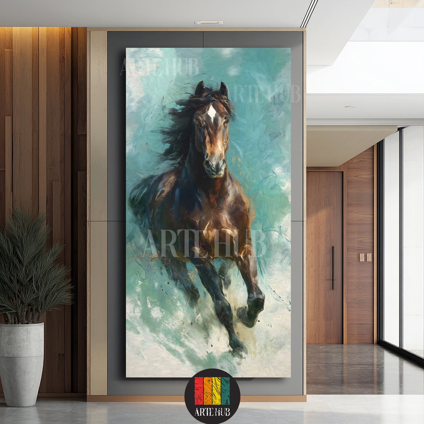  A dynamic oil-style painting of a galloping brown horse against a turquoise background, high-quality canvas wall art by Artehub in Egypt.

 لوحة فنية لحصان بني يركض بأسلوب تعبيري على خلفية فيروزية، تابلوه مودرن عالي الجودة من Artehub في مصر.