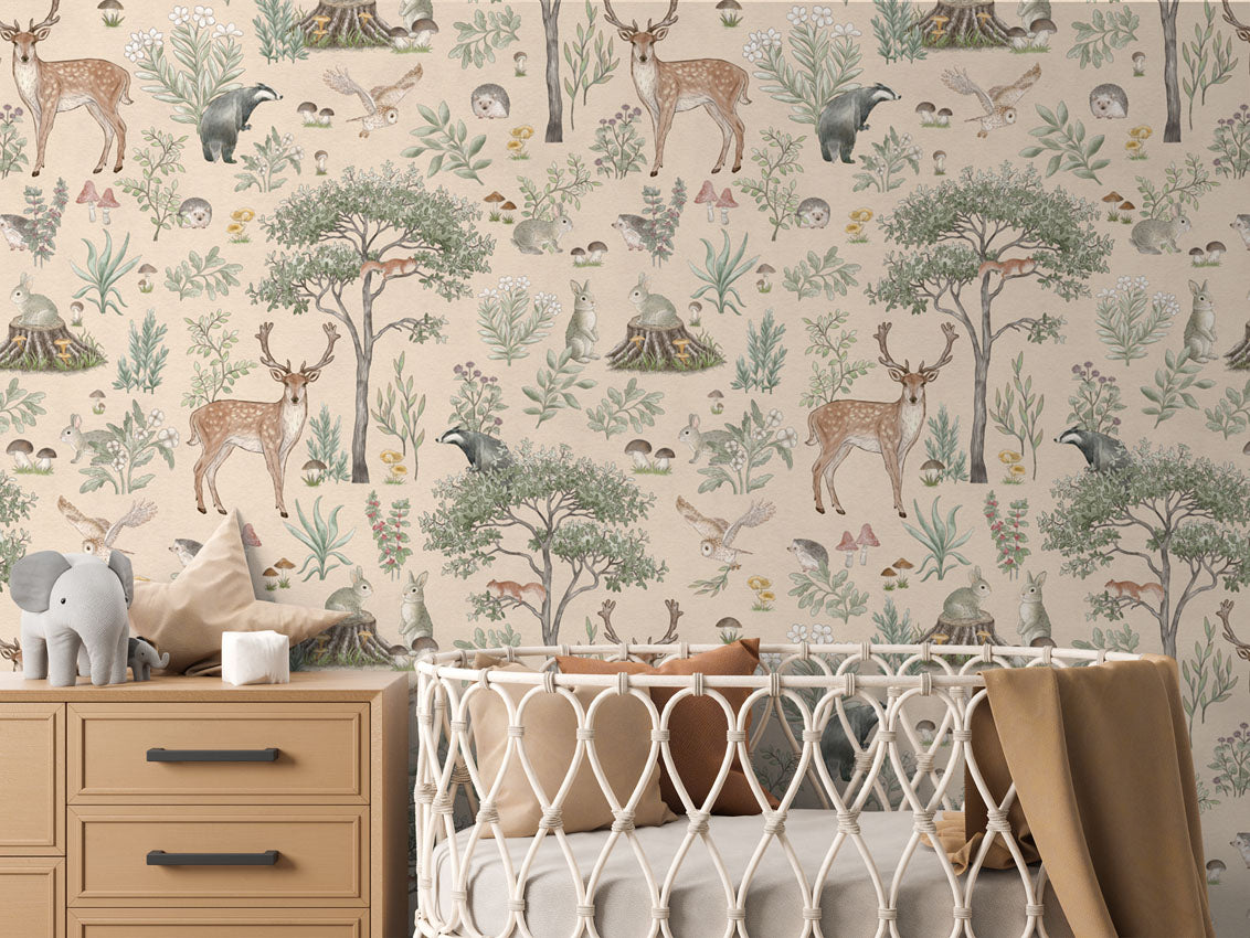 Fantastic Forest - Beige luxury wallpaper in kids room interior — Artehub Egypt