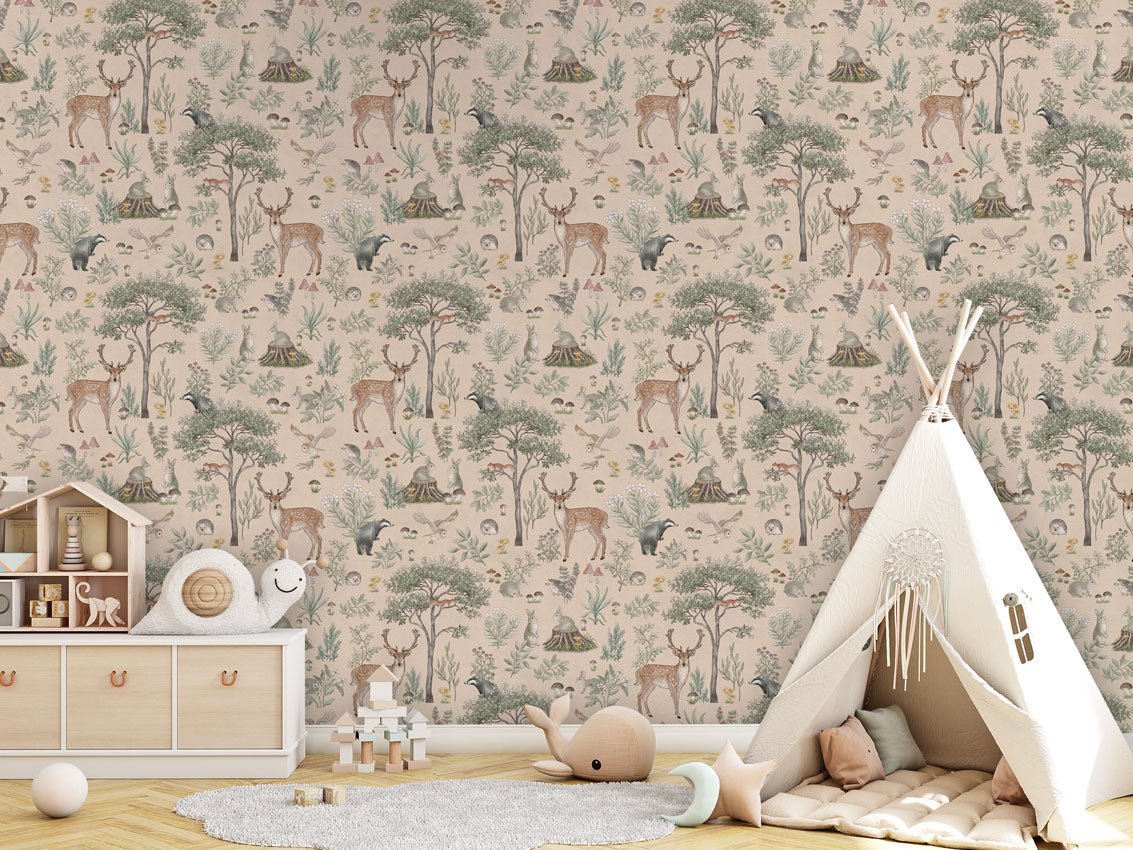 Fantastic Forest - Beige luxury wallpaper in kids room interior — Artehub Egypt