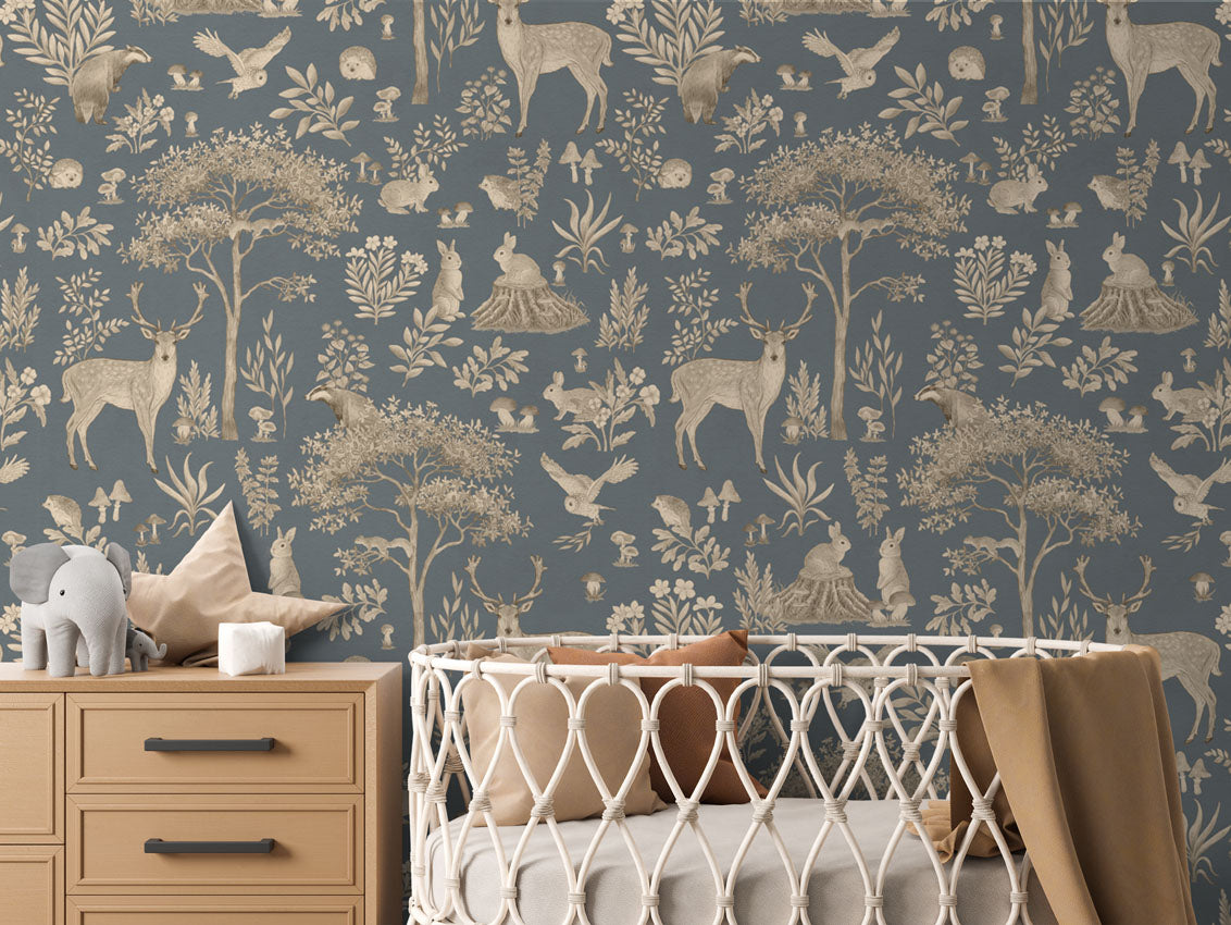 Fantastic Forest - Vintage Blue luxury wallpaper in kids room interior — Artehub Egypt