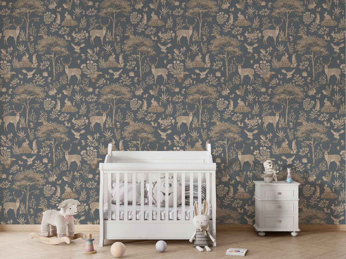 Fantastic Forest - Vintage Blue luxury wallpaper in kids room interior — Artehub Egypt
