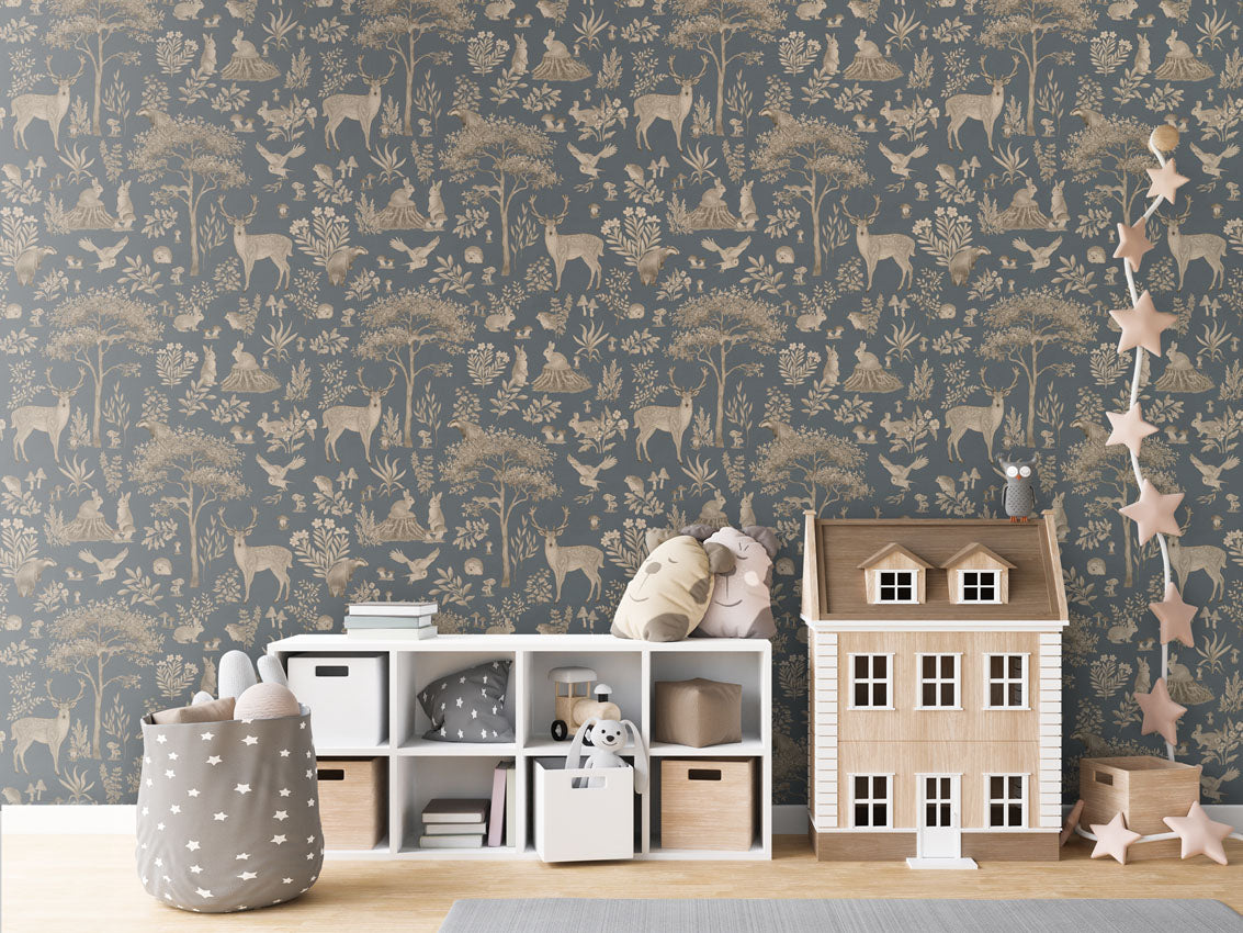 Fantastic Forest - Vintage Blue luxury wallpaper in kids room interior — Artehub Egypt