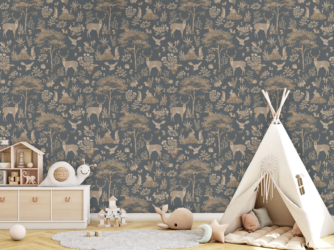 Fantastic Forest - Vintage Blue luxury wallpaper in kids room interior — Artehub Egypt