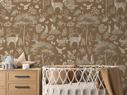 Fantastic Forest - Vintage Brown luxury wallpaper in kids room interior — Artehub Egypt