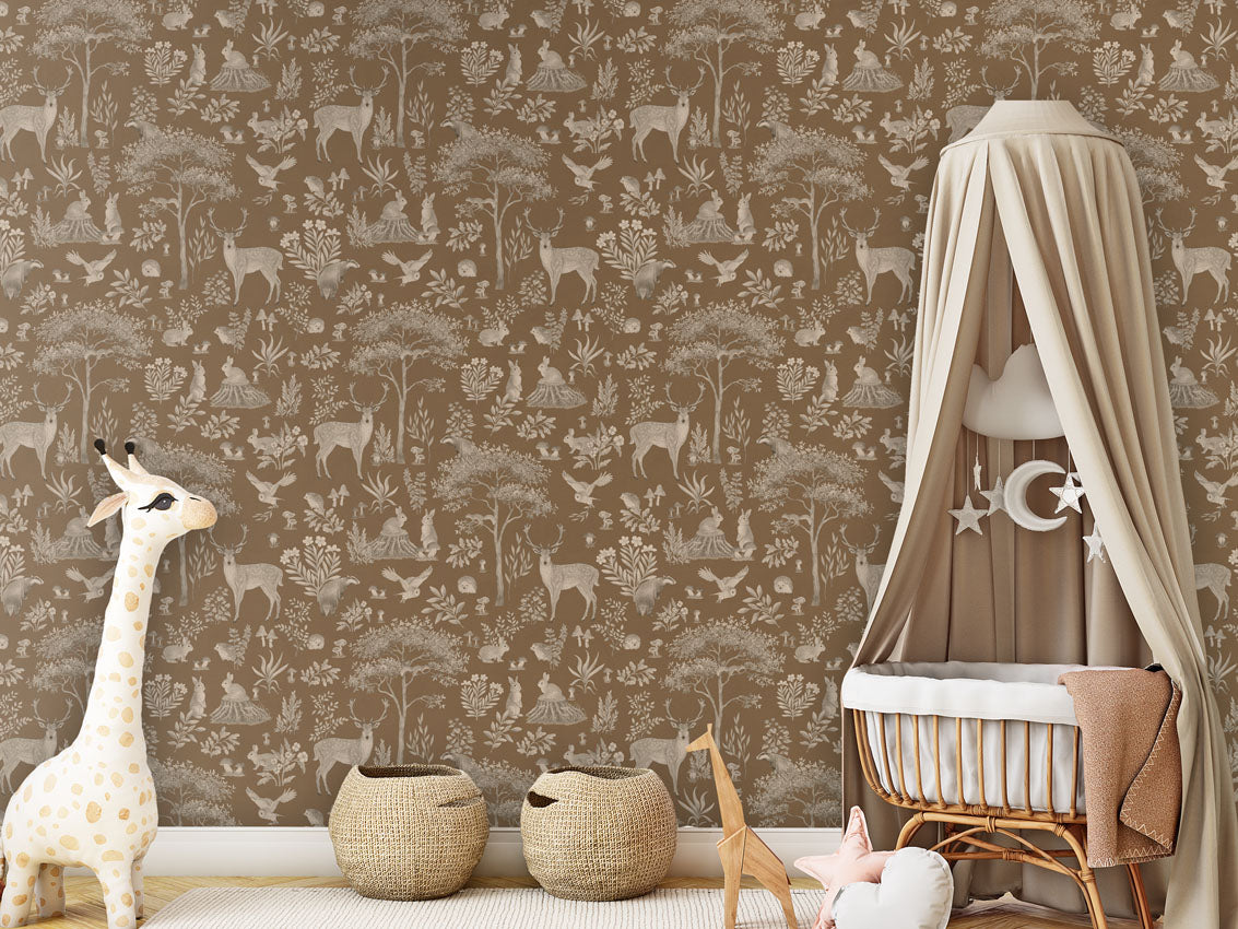 Fantastic Forest - Vintage Brown luxury wallpaper in kids room interior — Artehub Egypt