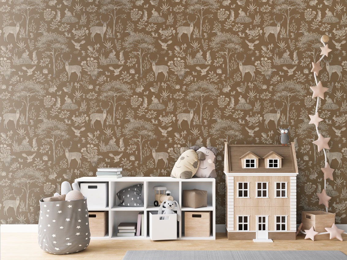 Fantastic Forest - Vintage Brown luxury wallpaper in kids room interior — Artehub Egypt