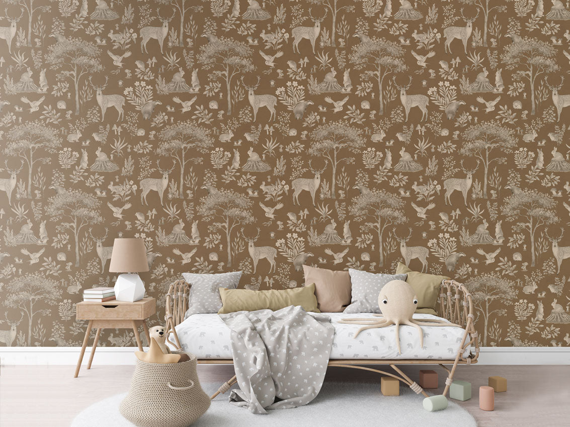Fantastic Forest - Vintage Brown luxury wallpaper in kids room interior — Artehub Egypt