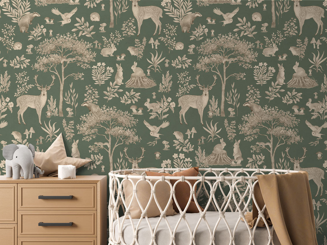 Fantastic Forest - Vintage Green luxury wallpaper in kids room interior — Artehub Egypt
