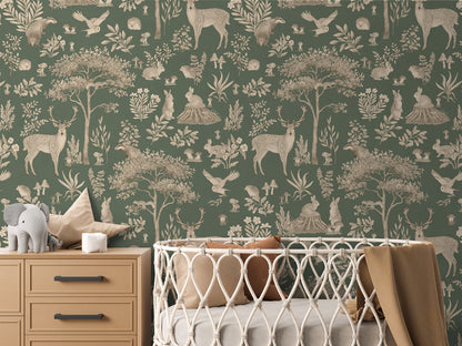 Fantastic Forest - Vintage Green luxury wallpaper in kids room interior — Artehub Egypt
