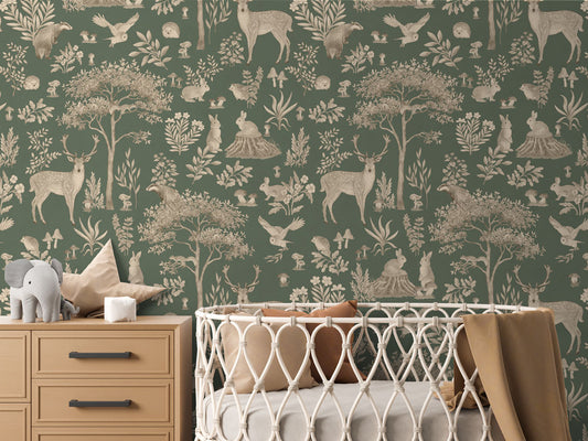 Fantastic Forest - Vintage Green luxury wallpaper in kids room interior — Artehub Egypt