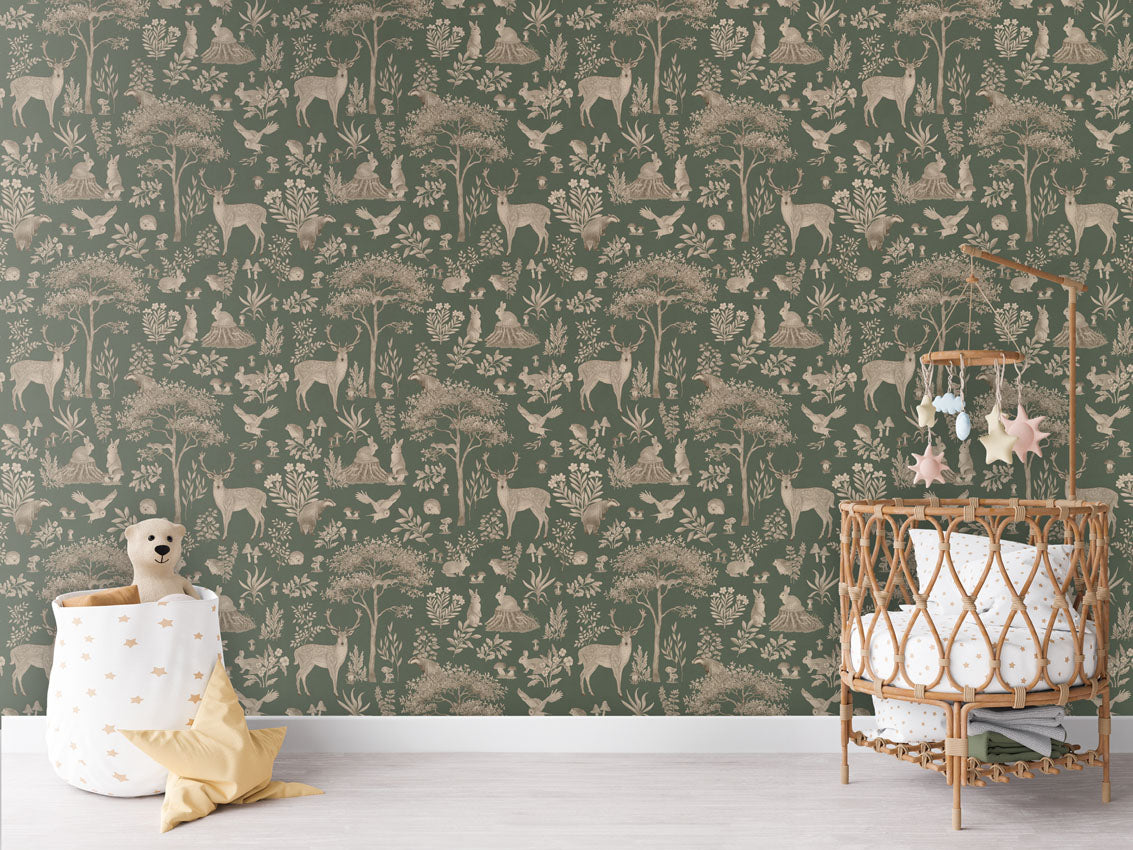 Fantastic Forest - Vintage Green luxury wallpaper in kids room interior — Artehub Egypt