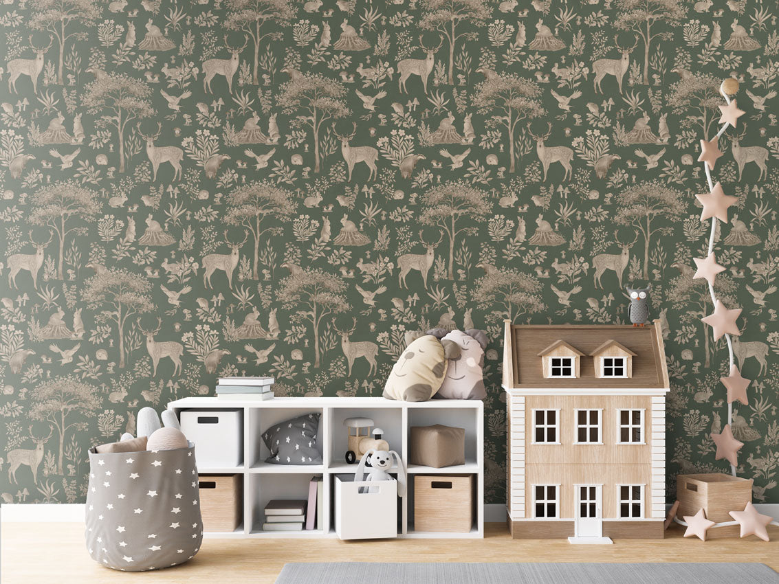 Fantastic Forest - Vintage Green luxury wallpaper in kids room interior — Artehub Egypt