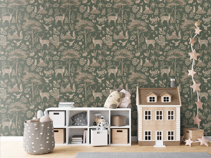 Fantastic Forest - Vintage Green luxury wallpaper in kids room interior — Artehub Egypt