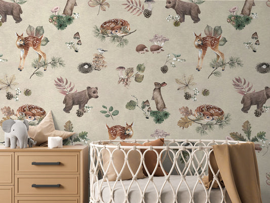 Forest Gathering - Beige luxury wallpaper in kids room interior — Artehub Egypt