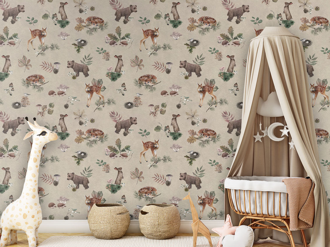 Forest Gathering - Beige luxury wallpaper in kids room interior — Artehub Egypt