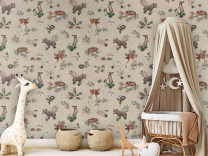 Forest Gathering - Beige luxury wallpaper in kids room interior — Artehub Egypt