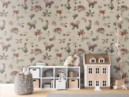 Forest Gathering - Beige luxury wallpaper in kids room interior — Artehub Egypt