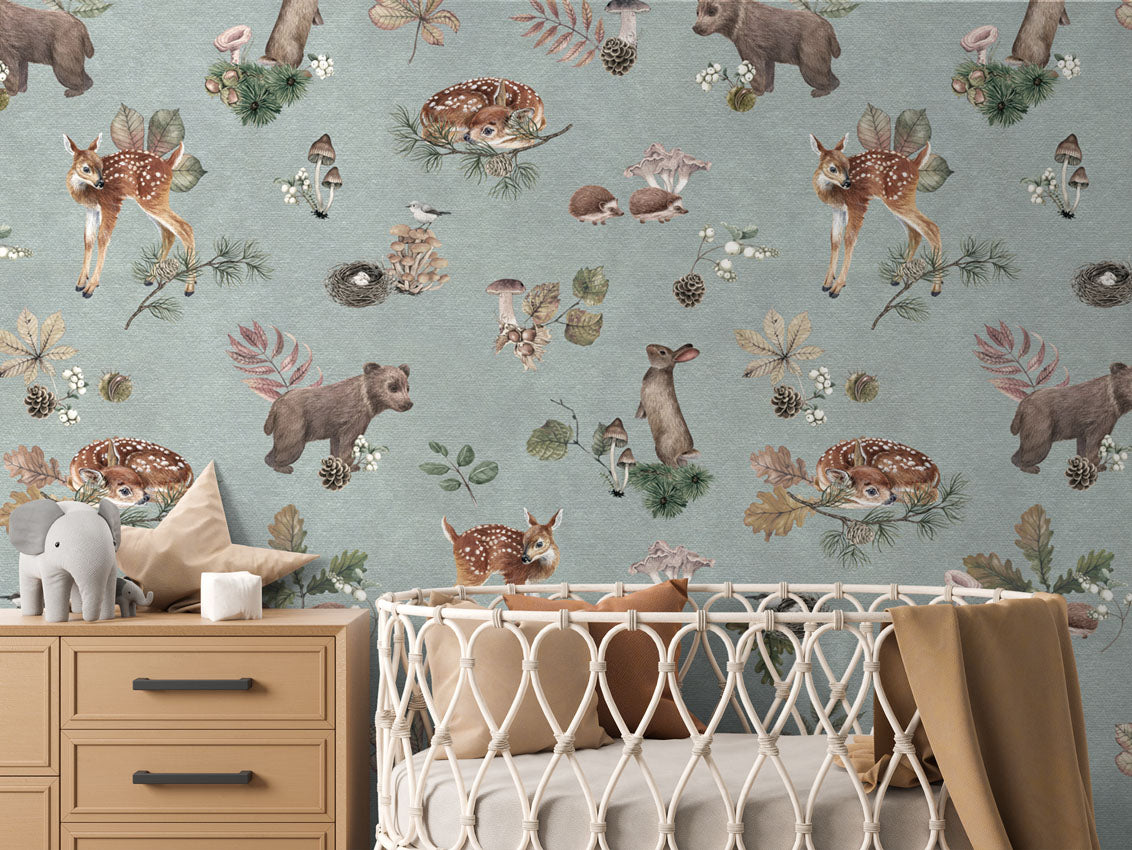 Forest Gathering - Blue luxury wallpaper in kids room interior — Artehub Egypt