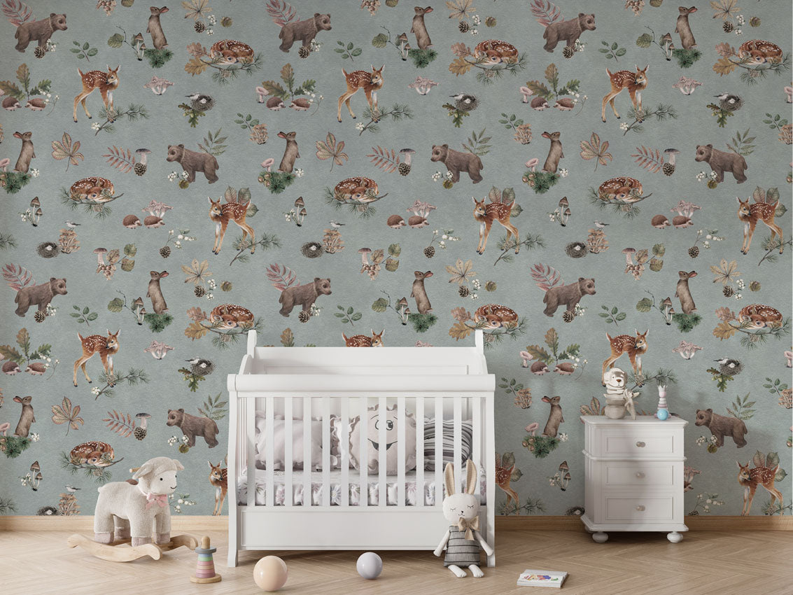 Forest Gathering - Blue luxury wallpaper in kids room interior — Artehub Egypt