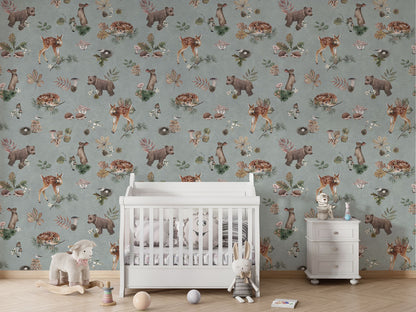 Forest Gathering - Blue luxury wallpaper in kids room interior — Artehub Egypt