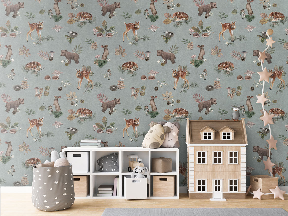 Forest Gathering - Blue luxury wallpaper in kids room interior — Artehub Egypt