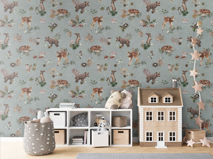 Forest Gathering - Blue luxury wallpaper in kids room interior — Artehub Egypt