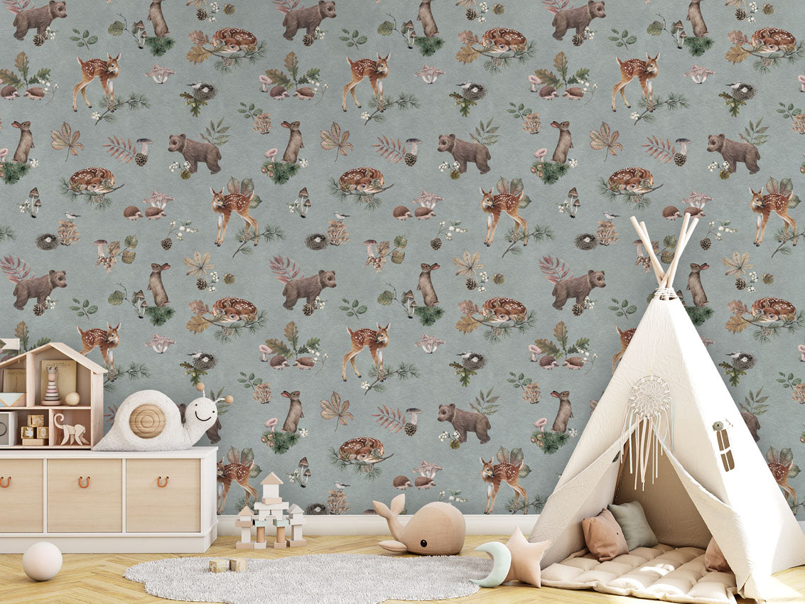 Forest Gathering - Blue luxury wallpaper in kids room interior — Artehub Egypt