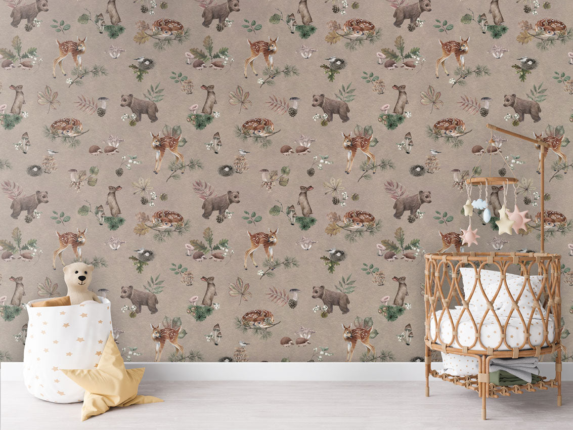 Forest Gathering - Brown luxury wallpaper in kids room interior — Artehub Egypt