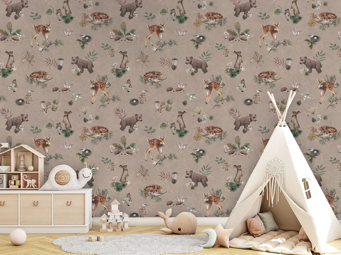 Forest Gathering - Brown luxury wallpaper in kids room interior — Artehub Egypt