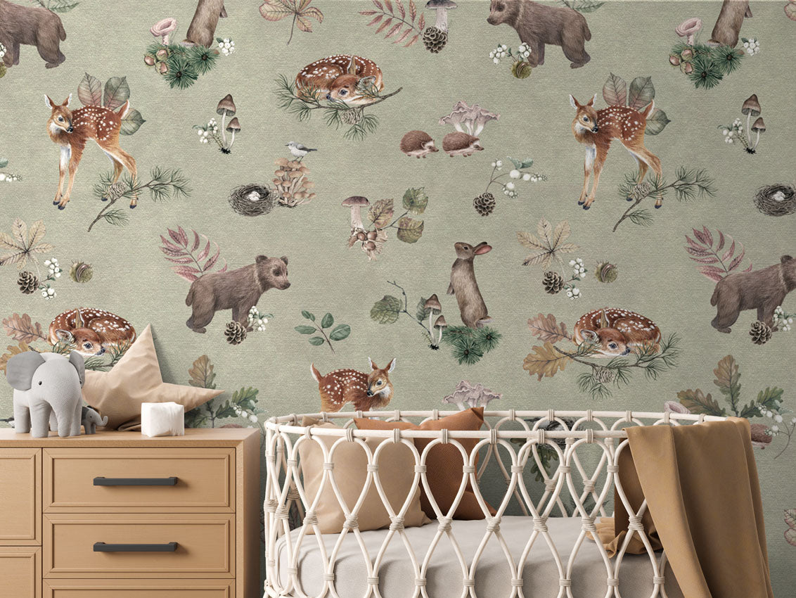 Forest Gathering - Green luxury wallpaper in kids room interior — Artehub Egypt