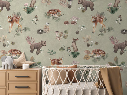 Forest Gathering - Green luxury wallpaper in kids room interior — Artehub Egypt