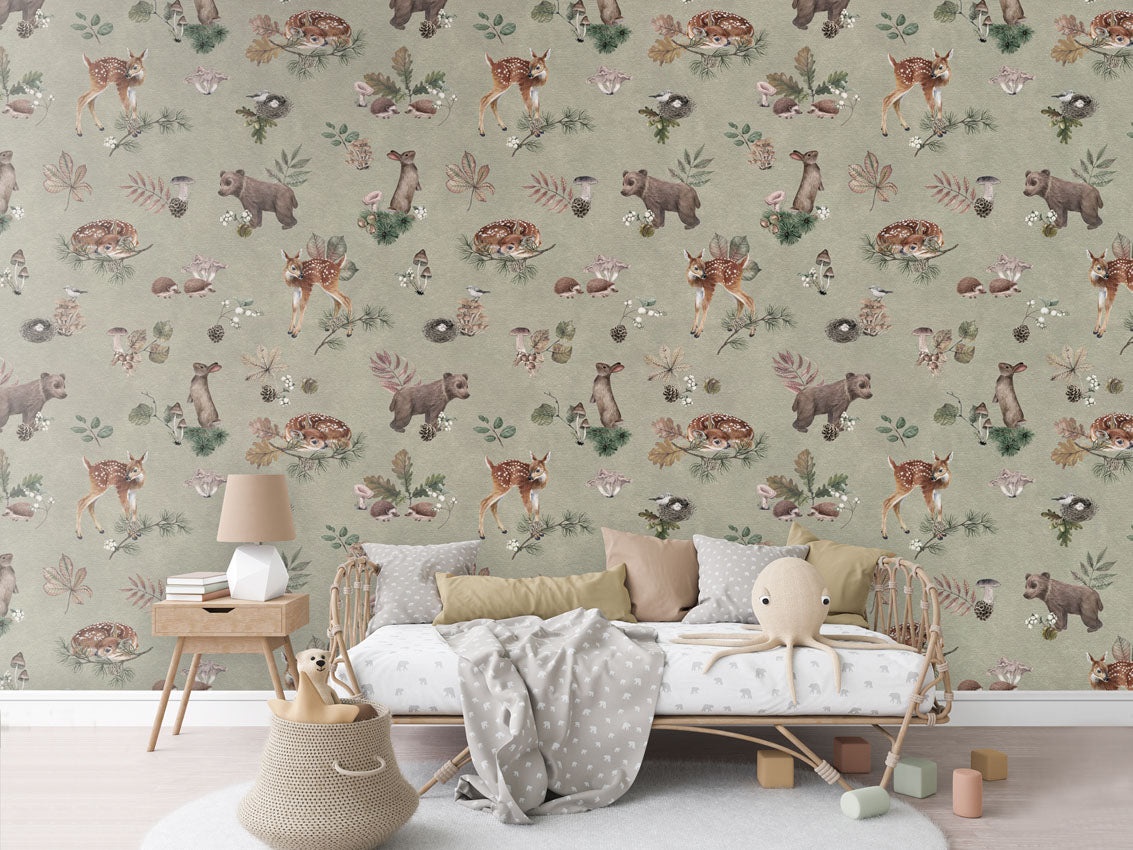 Forest Gathering - Green luxury wallpaper in kids room interior — Artehub Egypt