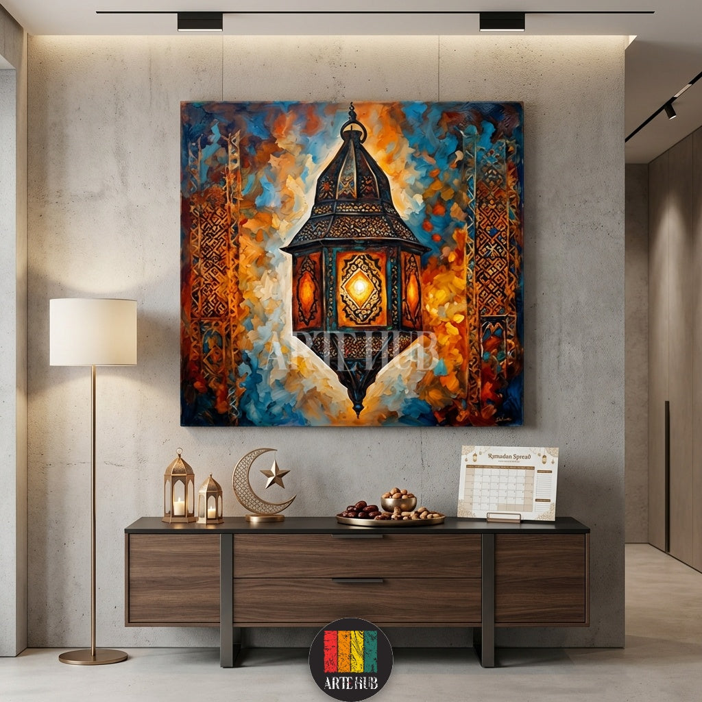 Detailed abstract painting of an illuminated Fanoos lantern hanging, featuring vibrant blue, orange, and gold colors. Ideal for modern Egyptian home decor and wall art in Egypt, placed above a cream sofa in a living room.
لوحة فنية تجريدية تفصيلية لفانوس مضاء معلق، بألوان زرقاء وبرتقالية وذهبية نابضة بالحياة. مثالية لديكور المنازل المصرية الحديثة وتابلوهات الحائط في مصر، معروضة فوق أريكة كريمية في غرفة المعيشة.