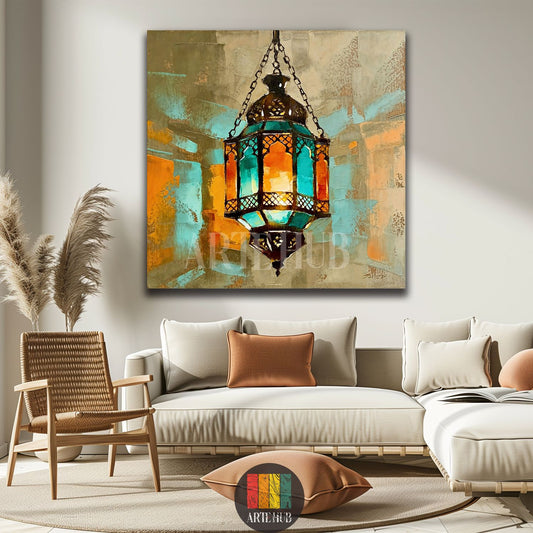 An elegant Fanoos lantern canvas wall art hanging above a sofa in a modern living room in Egypt. The artwork features an ornate, illuminated lantern in teal, orange, and bronze tones against an abstract background, adding an Egyptian touch to contemporary home decor.
تابلوه فني كانفس يصور فانوسًا مصريًا مزخرفًا ومضيئًا بألوان فيروزية وبرتقالية، معلقًا فوق أريكة في غرفة معيشة عصرية. يعكس الديكور الفن المصري الأصيل في مصر.