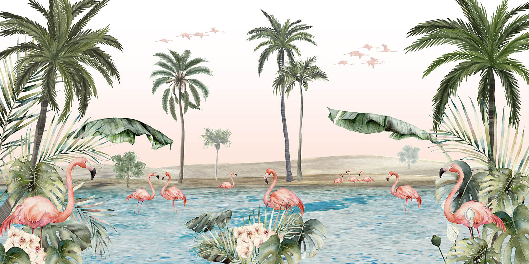 Flamingo Oasis European mural wallpaper design for kids room — Artehub Egypt