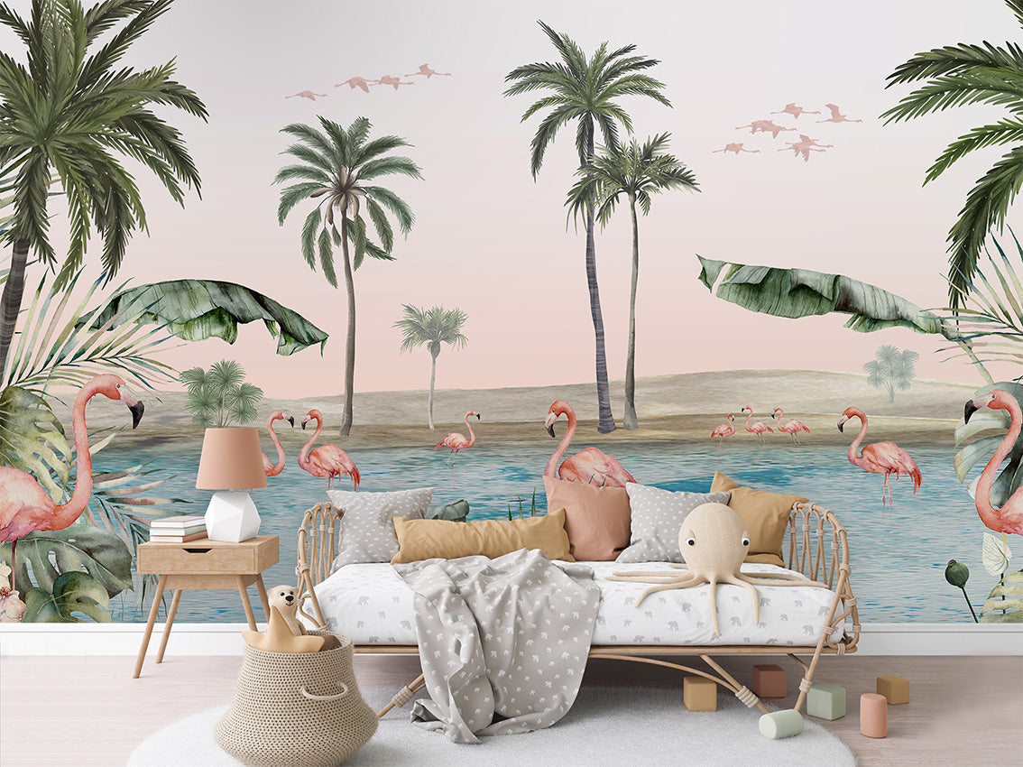 Flamingo Oasis luxury wallpaper in kids room interior — Artehub Egypt