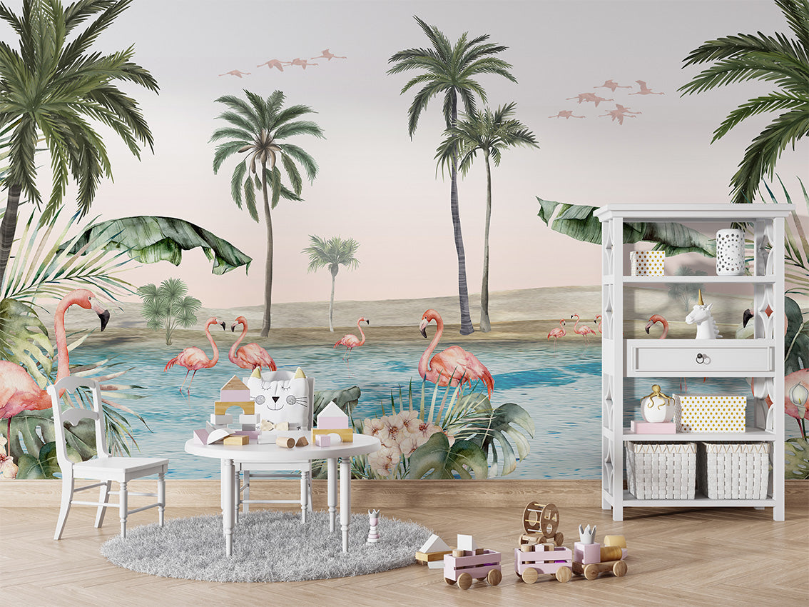 Flamingo Oasis luxury wallpaper in kids room interior — Artehub Egypt