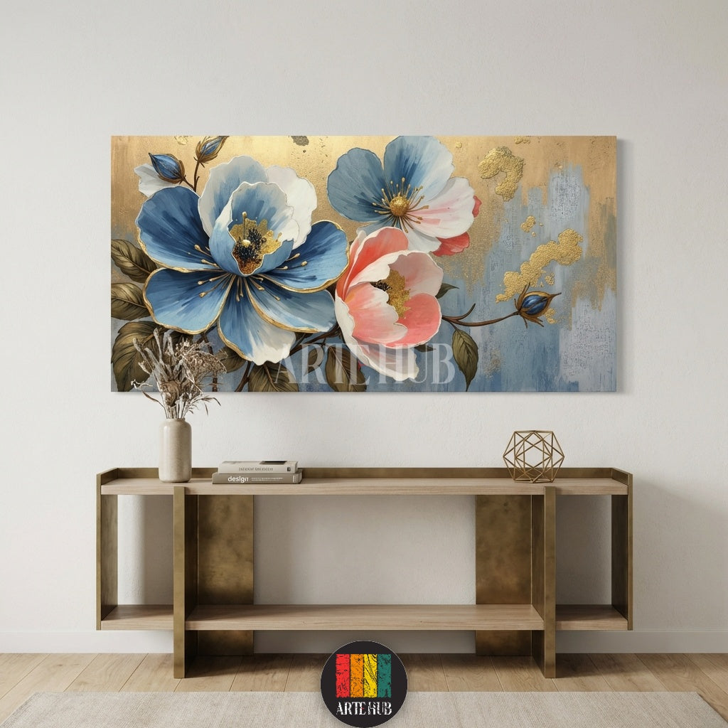  A large horizontal canvas wall art by Artehub featuring vibrant blue and pink flowers with luxury gold accents, ideal for a modern Egyptian style living room.

 تابلوه كانفاس كبير من Artehub يضم أزهاراً زرقاء ووردية مع لمسات ذهبية فاخرة، مثالي لتنسيق ديكور المنازل المودرن في مصر.