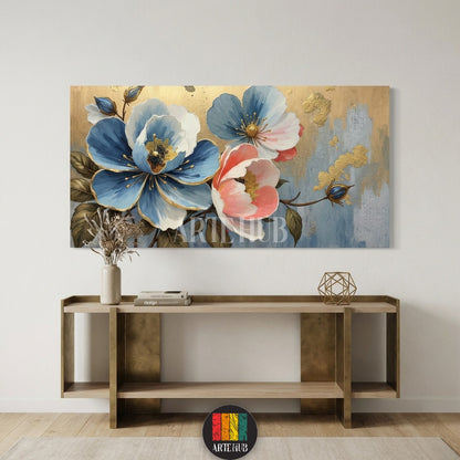  A large horizontal canvas wall art by Artehub featuring vibrant blue and pink flowers with luxury gold accents, ideal for a modern Egyptian style living room.

 تابلوه كانفاس كبير من Artehub يضم أزهاراً زرقاء ووردية مع لمسات ذهبية فاخرة، مثالي لتنسيق ديكور المنازل المودرن في مصر.