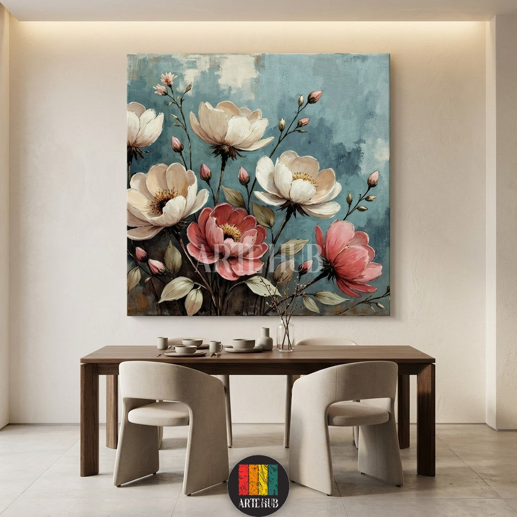  A sophisticated floral canvas painting featuring large white and pink petals on a textured teal background, designed as premium wall art in Egypt by Artehub.

 تابلوه قماش مودرن يضم زهور بيضاء ووردية كبيرة بخلفية زرقاء، ديكور حائط مثالي للمنازل العصرية في مصر من Artehub.