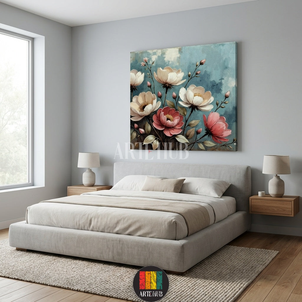  A sophisticated floral canvas painting featuring large white and pink petals on a textured teal background, designed as premium wall art in Egypt by Artehub.

 تابلوه قماش مودرن يضم زهور بيضاء ووردية كبيرة بخلفية زرقاء، ديكور حائط مثالي للمنازل العصرية في مصر من Artehub.