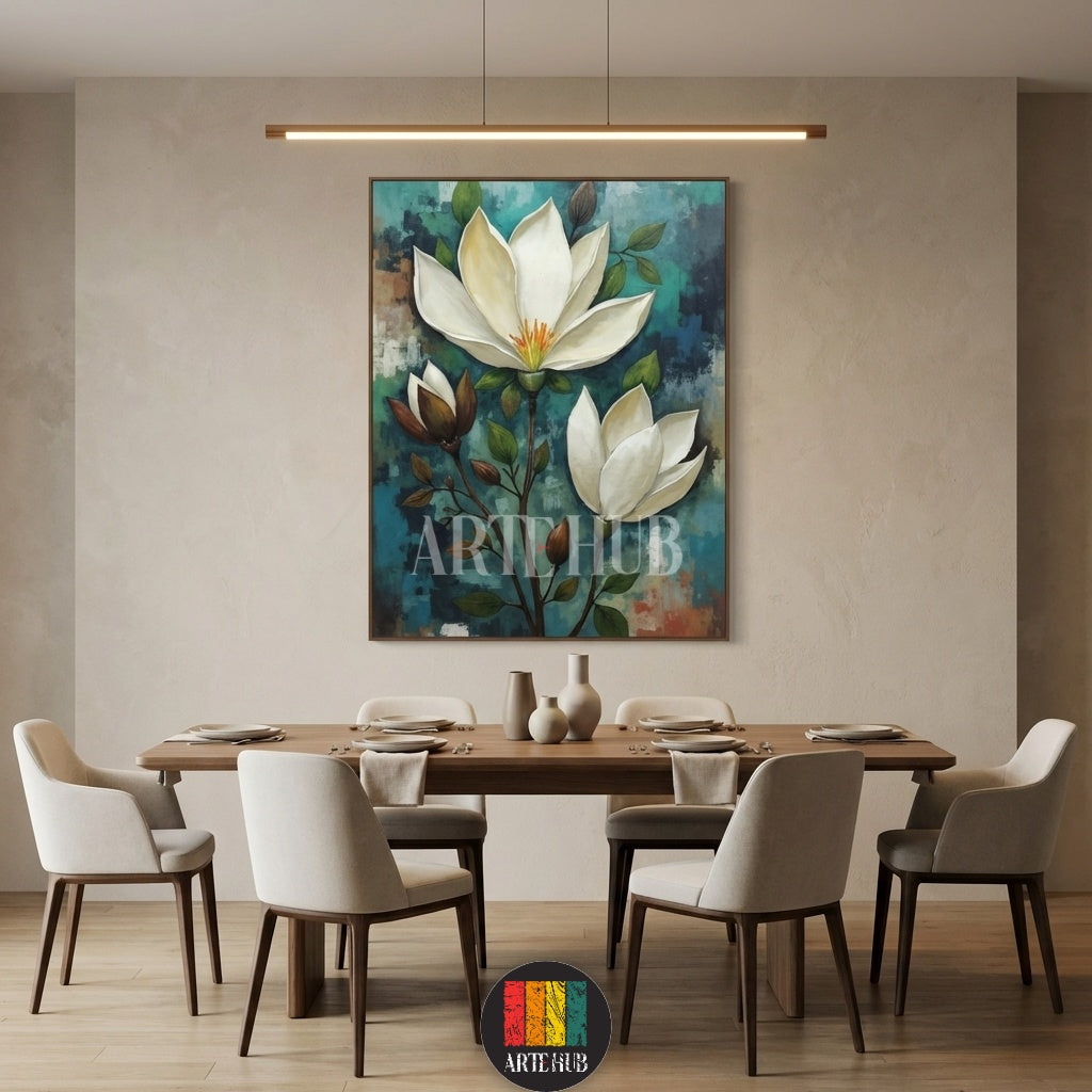  A beautiful vertical canvas print featuring large white magnolia flowers on a textured teal background, ideal for modern Egyptian home decor by Artehub.

 لوحة فنية من الكانفاس لزهور الماغنوليا البيضاء الأنيقة على خلفية تركوازية، مناسبة لديكورات المنازل المودرن في مصر من آرت هوب.