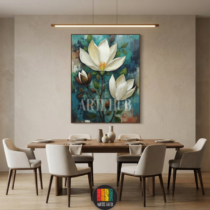 A beautiful vertical canvas print featuring large white magnolia flowers on a textured teal background, ideal for modern Egyptian home decor by Artehub.

 لوحة فنية من الكانفاس لزهور الماغنوليا البيضاء الأنيقة على خلفية تركوازية، مناسبة لديكورات المنازل المودرن في مصر من آرت هوب.