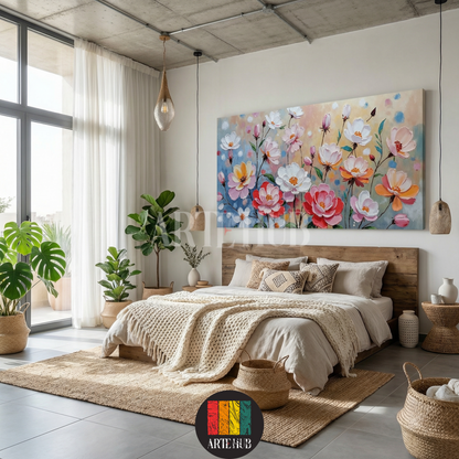 A vibrant floral oil painting on canvas with red and white flowers hanging on a pink wall in an Egyptian-style living room by Artehub.

 لوحة زيتية فاخرة للزهور الملونة بنمط مودرن معلقة فوق أريكة في غرفة معيشة بمصر من تصميم Artehub.