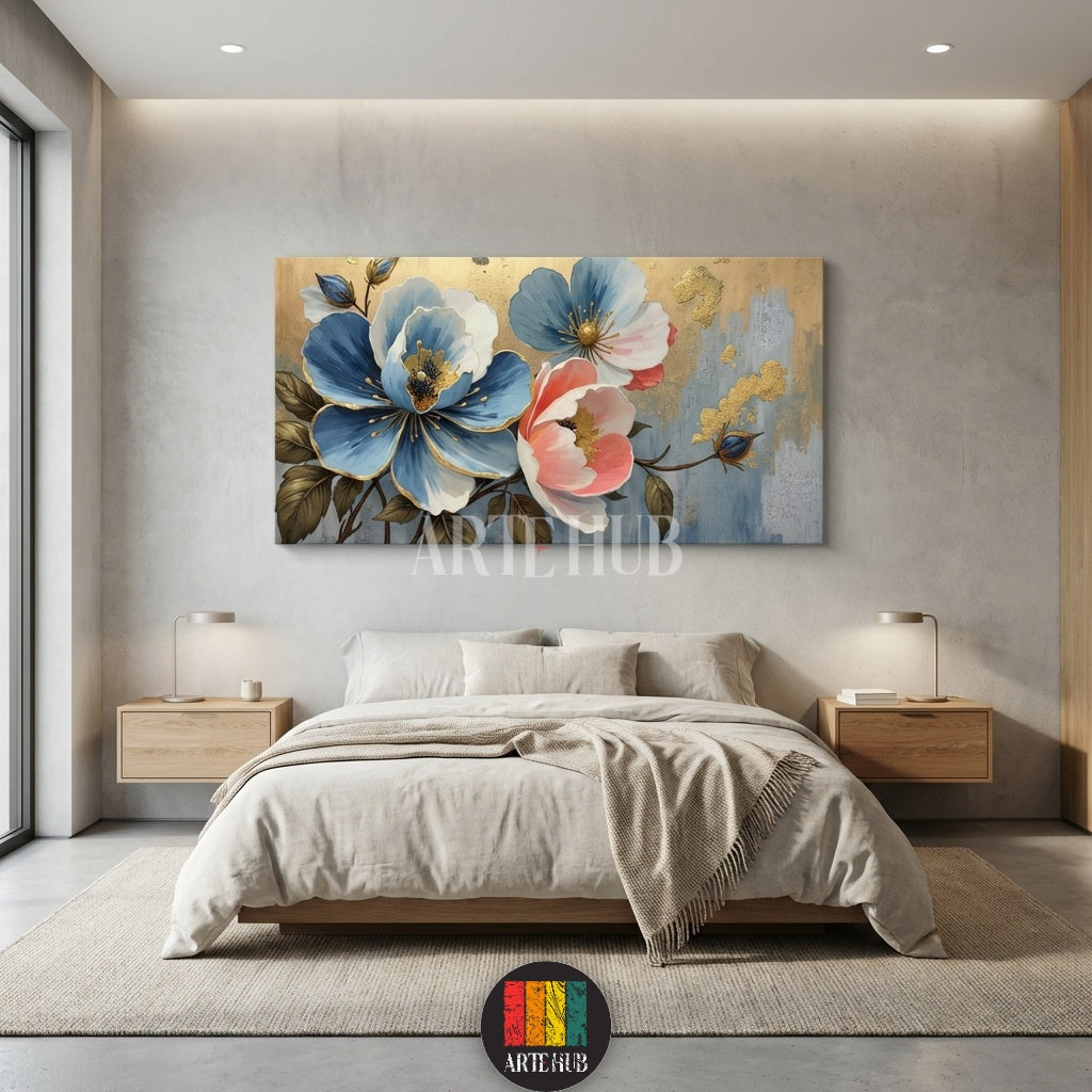  A large horizontal canvas wall art by Artehub featuring vibrant blue and pink flowers with luxury gold accents, ideal for a modern Egyptian style living room.

 تابلوه كانفاس كبير من Artehub يضم أزهاراً زرقاء ووردية مع لمسات ذهبية فاخرة، مثالي لتنسيق ديكور المنازل المودرن في مصر.