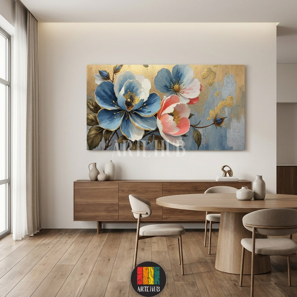  A large horizontal canvas wall art by Artehub featuring vibrant blue and pink flowers with luxury gold accents, ideal for a modern Egyptian style living room.

 تابلوه كانفاس كبير من Artehub يضم أزهاراً زرقاء ووردية مع لمسات ذهبية فاخرة، مثالي لتنسيق ديكور المنازل المودرن في مصر.