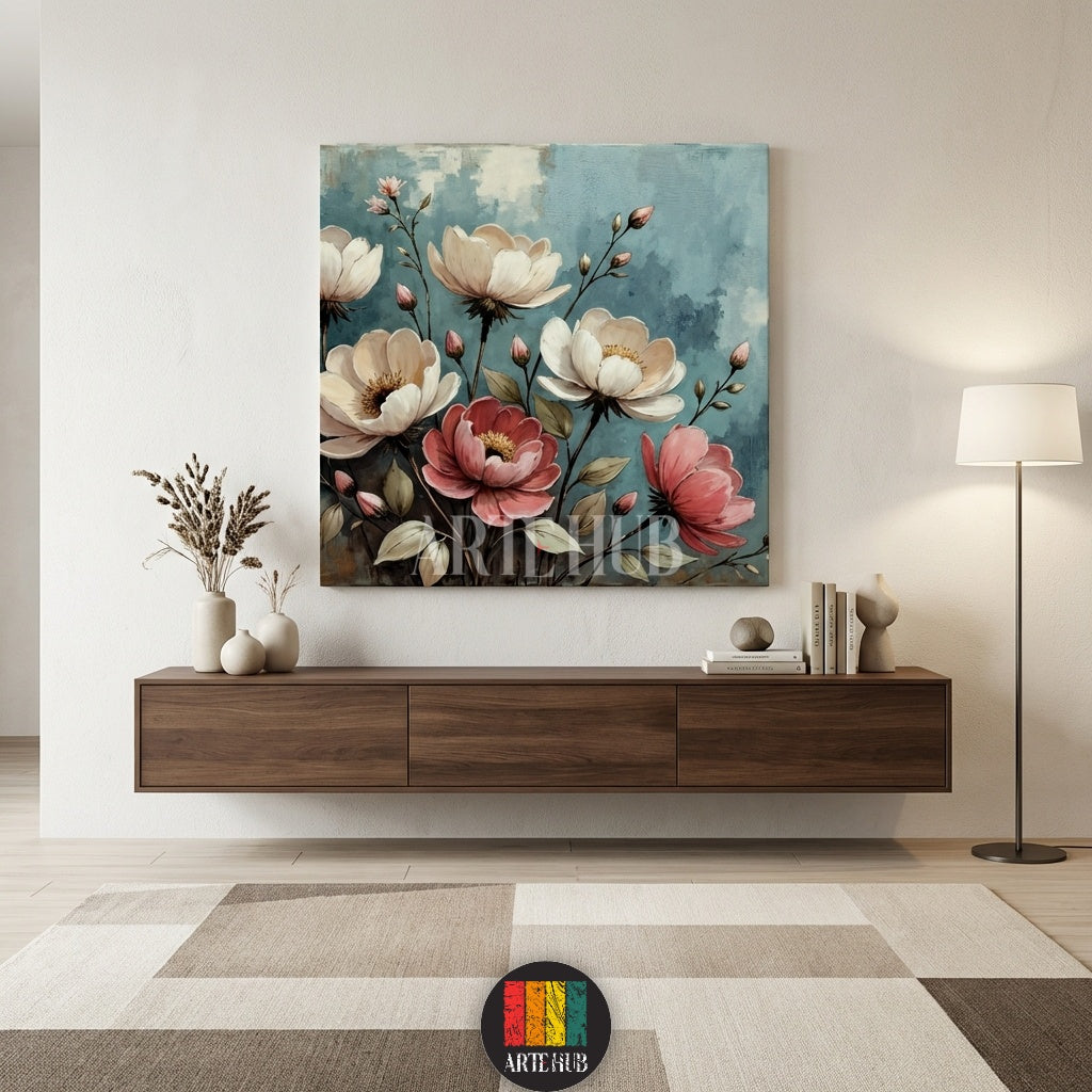  A sophisticated floral canvas painting featuring large white and pink petals on a textured teal background, designed as premium wall art in Egypt by Artehub.

 تابلوه قماش مودرن يضم زهور بيضاء ووردية كبيرة بخلفية زرقاء، ديكور حائط مثالي للمنازل العصرية في مصر من Artehub.