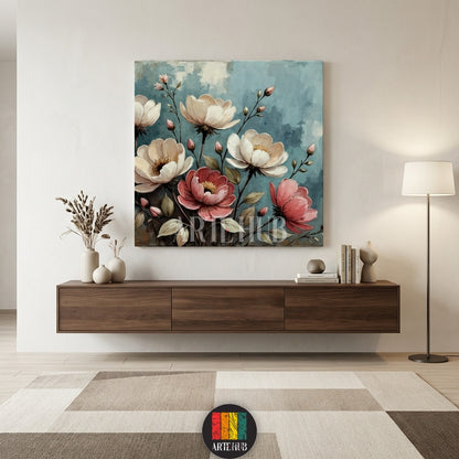  A sophisticated floral canvas painting featuring large white and pink petals on a textured teal background, designed as premium wall art in Egypt by Artehub.

 تابلوه قماش مودرن يضم زهور بيضاء ووردية كبيرة بخلفية زرقاء، ديكور حائط مثالي للمنازل العصرية في مصر من Artehub.