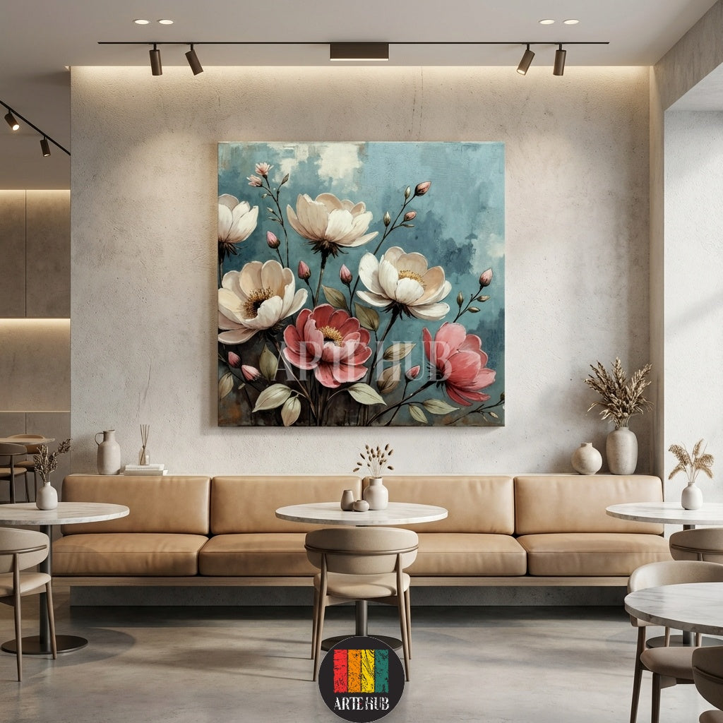  A sophisticated floral canvas painting featuring large white and pink petals on a textured teal background, designed as premium wall art in Egypt by Artehub.

 تابلوه قماش مودرن يضم زهور بيضاء ووردية كبيرة بخلفية زرقاء، ديكور حائط مثالي للمنازل العصرية في مصر من Artehub.